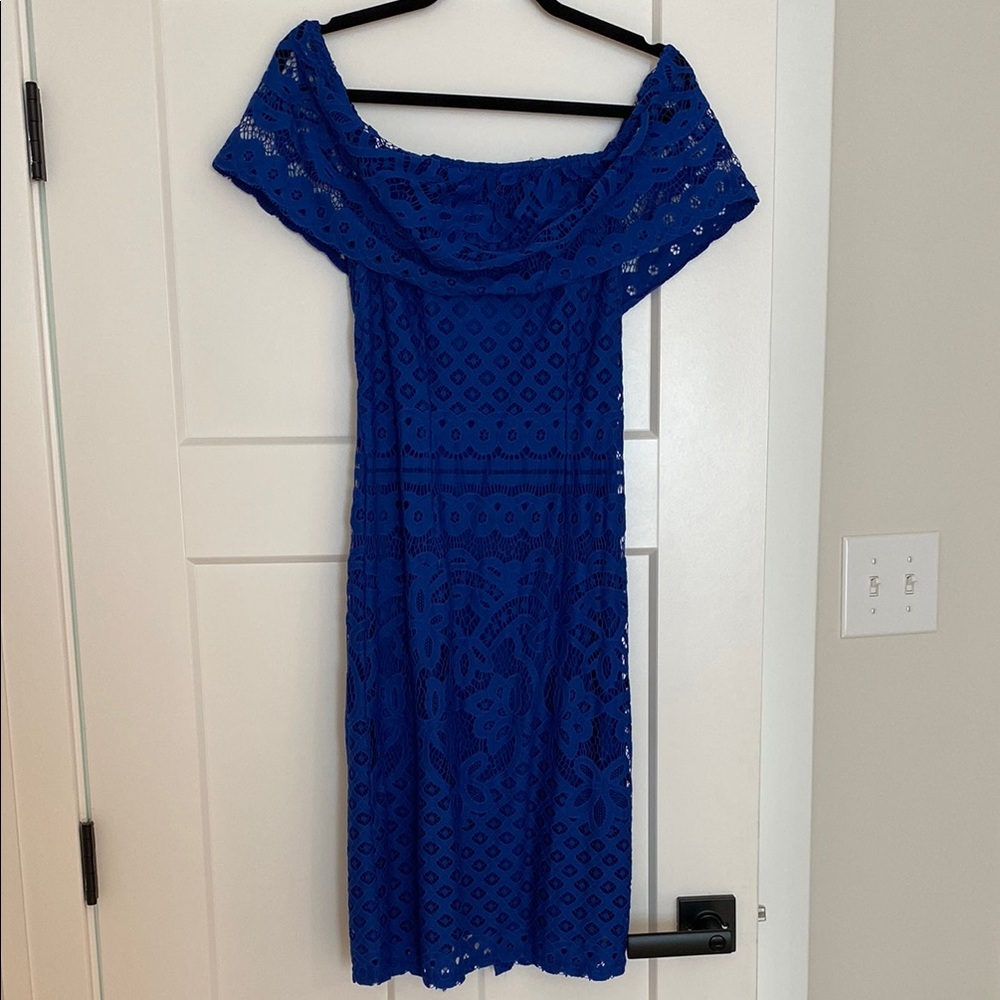 Sharagano Blue Off-Shoulder Sheath Midi Dress